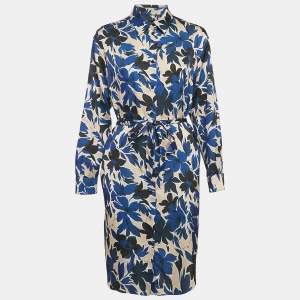 Boutique Moschino Blue Tropical Print Satin Button Front Shirt Dress M