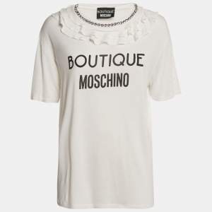 Boutique Moschino White Logo Print Jersey Crystal Embellished and Ruffled T-Shirt M
