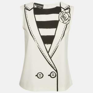 Boutique Moschino White Collar Print Crepe Sleeveless Top S