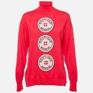 Boutique Moschino Pink Button Intarsia Wool Knit Turtle Neck Sweater M