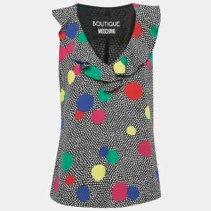 Pre Owned Boutique Moschino Black Dots Print Crepe Ruffled Top L