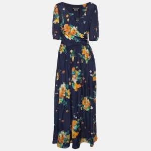 Pre Owned Boutique Moschino Blue Multicolor Floral Print Satin Wrap Maxi Dress M