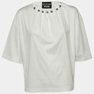 مملوكة مسبقًا Boutique Moschino White Cotton Knit Pleated Neck T-Shirt M