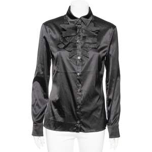 Moschino Couture Black Satin Ruffled Neck Shirt L