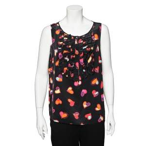 Boutique Moschino Black Heart Print Silk Top L