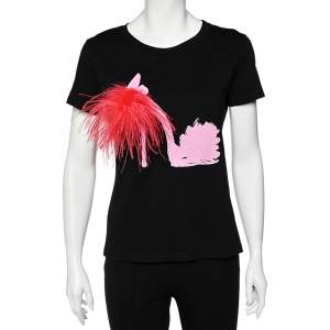 Boutique Moschino Black Stiletto Printed Cotton Feather Pin Detail T-Shirt M