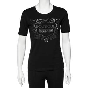 Boutique Moschino Black Cutwork Logo Detail Cotton Crewneck T-Shirt S