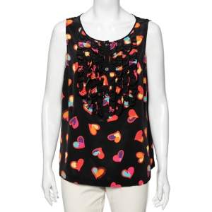 Boutique Moschino Black Heart Print Silk Top L