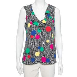Boutique Moschino Black Polka Dot Ruffle Detail Neck Sleeveless Top L