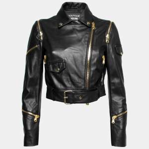 Boutique Moschino Black Leather Zip Embellished Cropped Jacket M