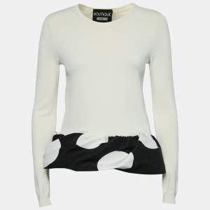 Boutique Moschino Cream Stretch Knit Ruffled Hem Top S