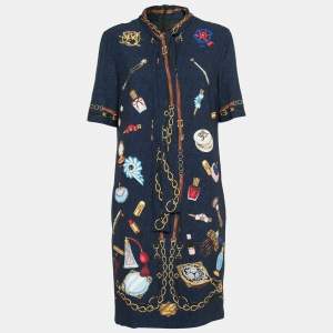 Boutique Moschino Blue and Black Crepe Printed Neck Tie Dress M