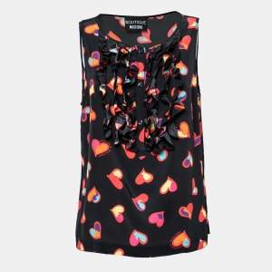 Boutique Moschino Black Heart Print Silk Ruffle Front Top L