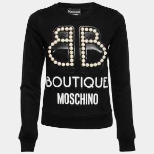 Boutique Moschino Black Logo Print Pearl-Embellished Cotton Sweatshirt XS