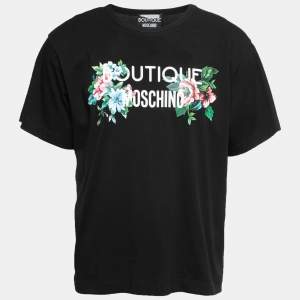 Boutique Moschino Black Cotton Floral Logo Print T-Shirt L