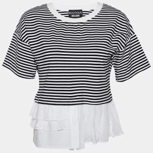 Boutique Moschino Black & White Striped Knit Ruffle Trim Top S
