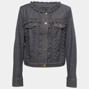 Boutique Moschino Dark Blue Denim Button Front Frill Detail Jacket L