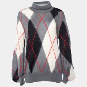 Boutique Moschino Grey Checked Mohair Wool Turtleneck Sweater M