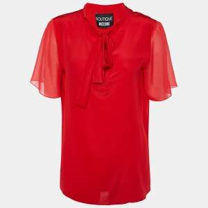 Boutique Moschino Red Silk Tie Neck Blouse M 