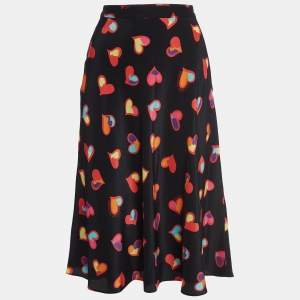 Boutique Moschino Black Heart Print Silk Flared Midi Skirt S