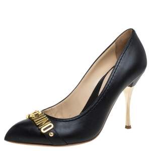 Moschino Black Leather Logo Letter Pointed Toe Pumps Size 41
