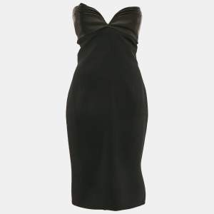 Brandon Maxwell Black Crepe Leather Trimmed Strapless Knee-Length Dress M