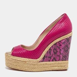 Brian Atwood Pink/Purple Water Snakeskin Leather Wedge Pumps Size 37