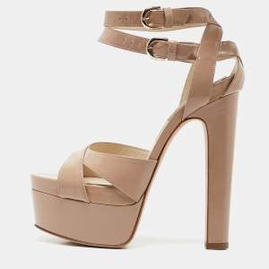 Brian Atwood Beige Patent Leather Carmen Platform Sandals Size 37.5