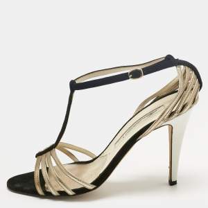 Pre Owned Brian Atwood Black/Gold Suede and Leather Strappy T-Bar Sandals Size 37