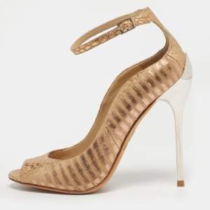 مملوكة مسبقًا Brian Atwood Size 35.5 Metallic Python Leather Open Toe Pumps