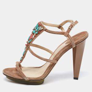 Brian Atwood Brown Suede Donasa Crystal T Strap Sandals Size 38