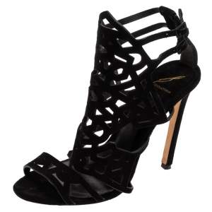 Brian Atwood Black Suede Laplata Laser Cut Sandals Size 41