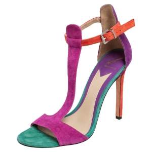 Brian Atwood Multicolor Suede T Strap Open Toe Sandals Size 39 