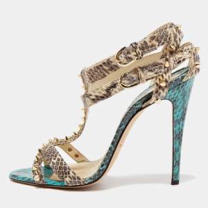 Brian Atwood Beige/Blue Python Ankle Strap  Sandals Size 38