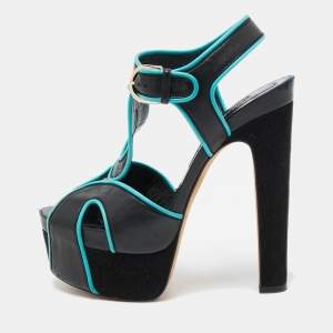 Brian Atwood Black/Blue Leather Platform Ankle Strap Sandals Size 38