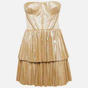 Bronx & Banco Beige Metallic Jersey and Tulle Florence Strapless Mini Dress S