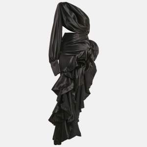 Bronx & Banco Black Satin Cut-Out One Shoulder Ruffled Gown XS