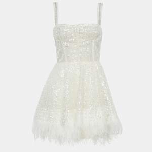 Bronx & Banco White Sequin Tulle Feather Trim Mademoiselle Bridal Mini Dress S