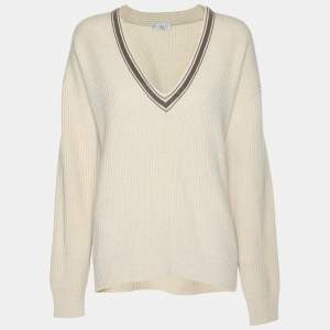 Brunello Cucinelli Cream Cashmere Rib Knit Embellished Sweater M