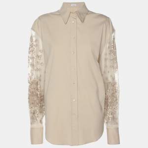Brunello Cucinelli Beige Cotton Silk Floral Cut Out Sleeve Button Front Shirt S