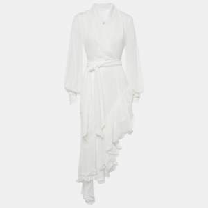 Pre Owned Brunello Cucinelli White Chiffon Ruffled Asymmetric Genevieve Dress XS