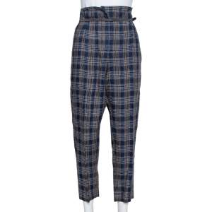 Brunello Cucinelli Navy Blue Plaid Linen Paper Bag Waist Trousers M