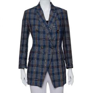 Brunello Cucinelli Navy Blue Plaided Linen Sequin Embellished Double Breasted Blazer M