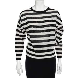 Brunello Cucinelli Monochrome Striped Cotton Knit Sequined Detail Sweater M