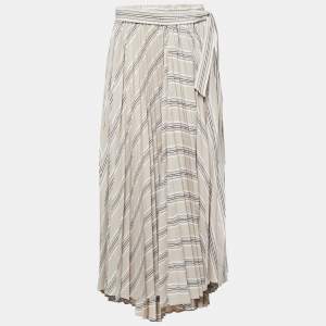 Brunello Cucinelli Beige Stripe Print Cotton Blend Pleated Midi Skirt M