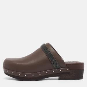 Brunello Cucinelli Brown Leather Clogs Size 37