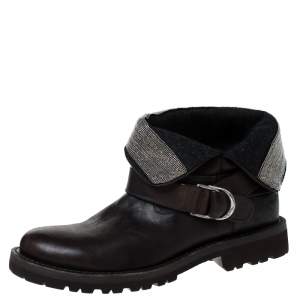 Brunello Cucinelli Brown Leather Embellished Foldover Ankle Boots Size 38