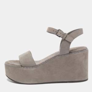 Brunello Cucinelli Grey  Suede Embellished Ankle Strap Wedge Sandals Size 40