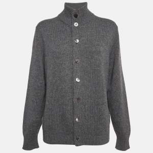 Brunello Cucinelli Grey Rib Knit Cashmere Cardigan XL