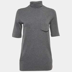 Brunello Cucinelli Grey Cotton Pocket Detail Turtleneck Top M